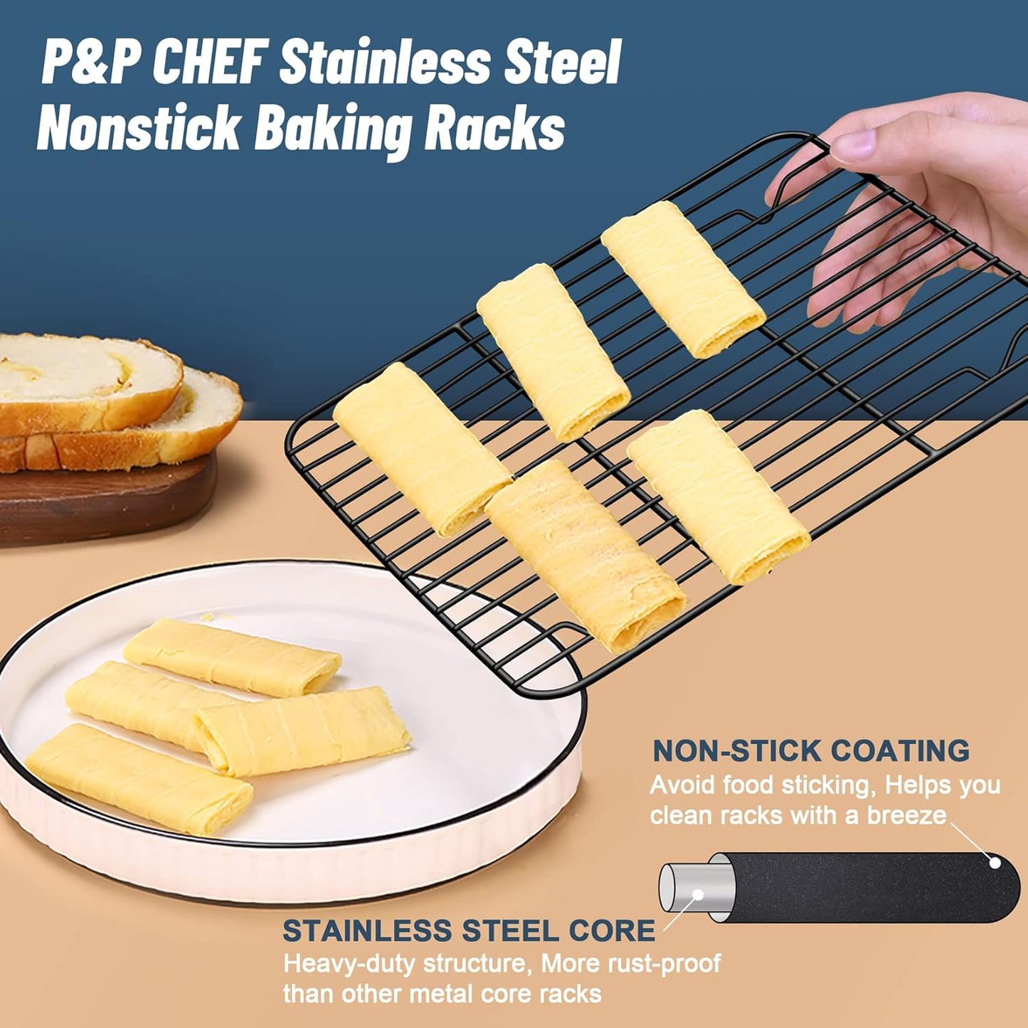 P&P CHEF Cooling Baking Rack Pack of 2, Stainless Steel Cooling Racks for Cooking Baking Roasting Grilling Drying, Dense Wires & Smooth Edge, Easy to clean, Black, 9.7" x 7.3"