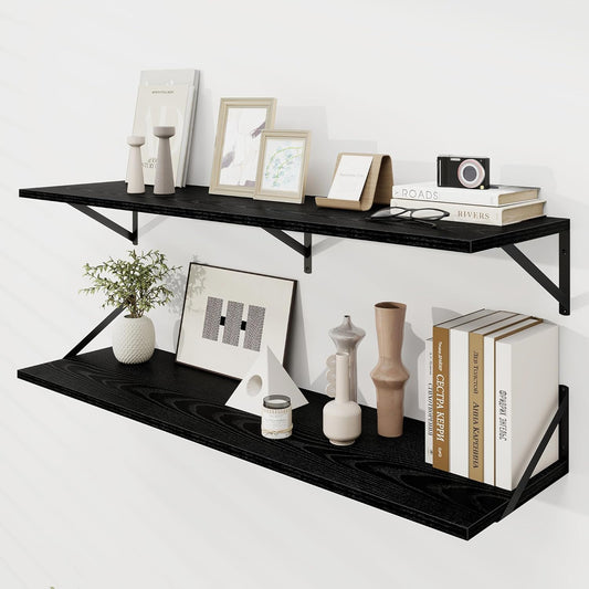 Dreamland Floating Shelves for Wall, 12 Inch Deep Floating Shelves Set of 2, 48W x 12D Large Wall Shelf with Sturdy Metal Brackets for Living Room, Bathroom, Bedroom and Kitchen, Black