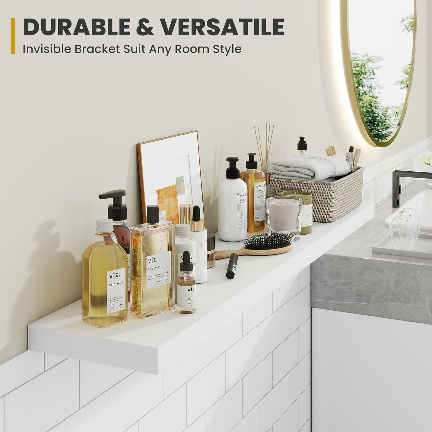 24 Inch Floating Shelves, 9.3" Deep Floating Shelf Wall Mounted, 24" Wall Shelves, Rustic Deep Bookshelf, Large Display Shelves & Storage Shelves for Bedroom, Living Room, White, Set of 2