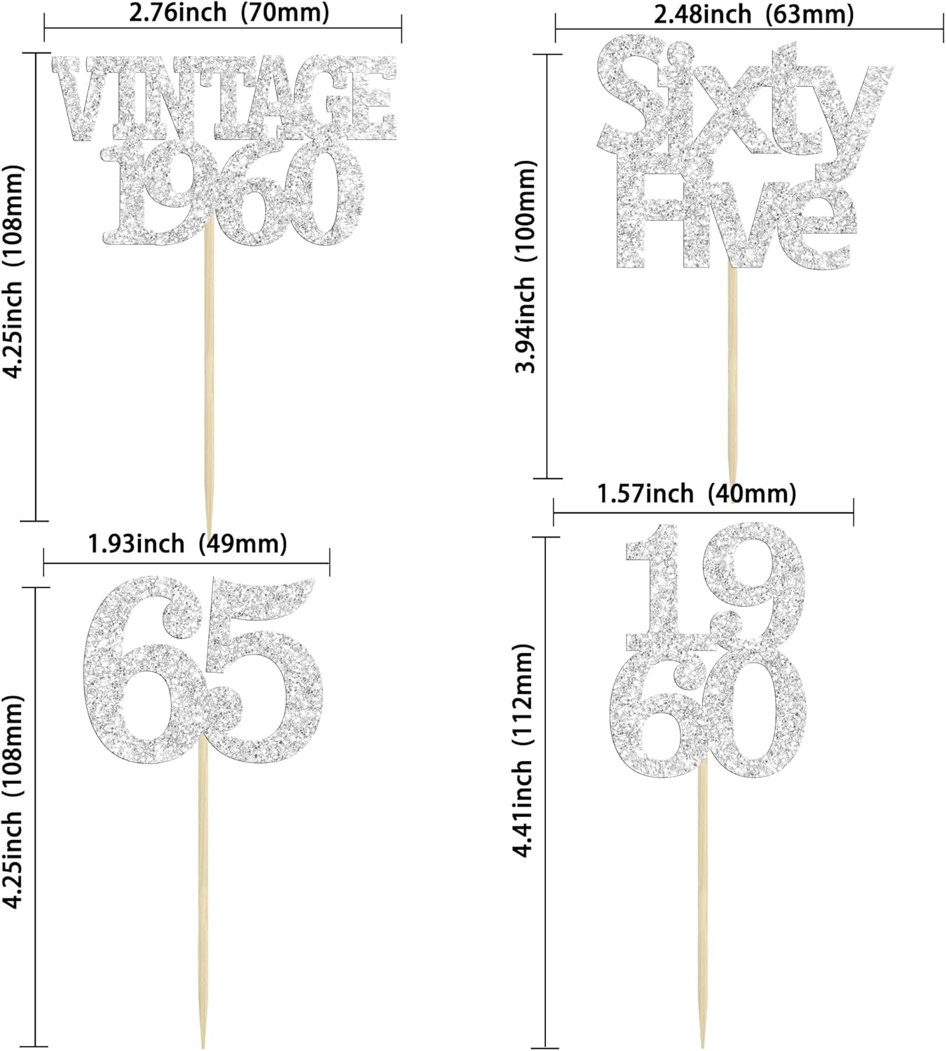 Gyufise 24Pcs 65th Birthday Cupcake Toppers Glitter Cheers to 65 Fabulous Sixty Five Vintage 1960 Cupcake Picks 65th Birthday Wedding Anniversary Party Cake Decorations Supplies Silver