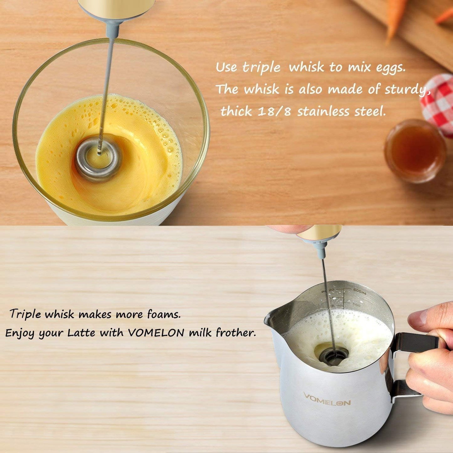 Electric Milk Frother Handheld,Travel Coffee Drink Mixer Batteries Included, 304 Stainless Steel Whisk for latte Cappuccino,Bulletproof Coffee Hot Chocolate,Egg-Beige