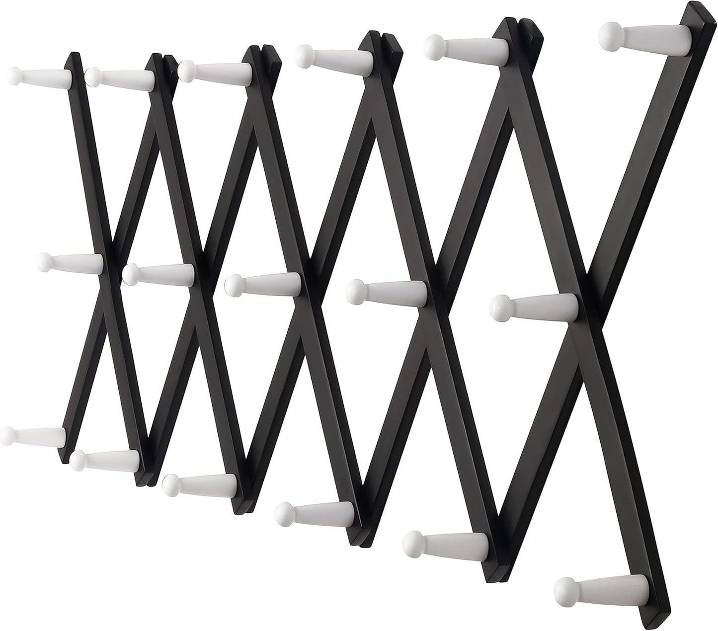 Dseap Accordian Wall Hanger: 16” High Wooden Wall Expandable Coat Rack, Hat Rack Holder, Accordion Hook for Baseball Caps, Coats, Mugs,17 Peg Hooks, Black & White