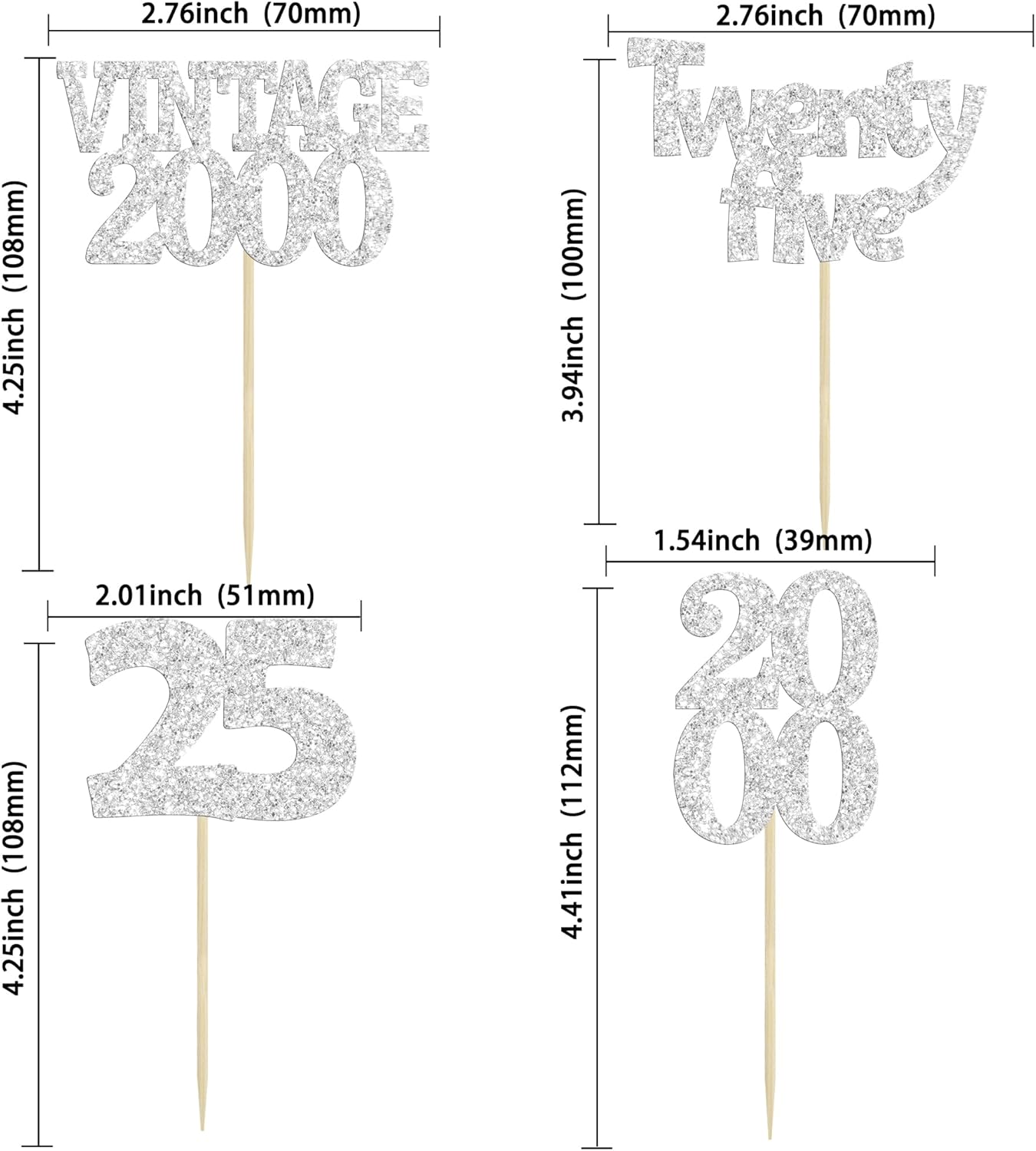 Gyufise 24Pcs 25th Birthday Cupcake Toppers Glitter Twenty-five Vintage 2000 Hello 25 Years Birthday Cupcake Pick Cheers to 25 Cake Decoration for Happy 25th Anniversary Party Supplies Silver