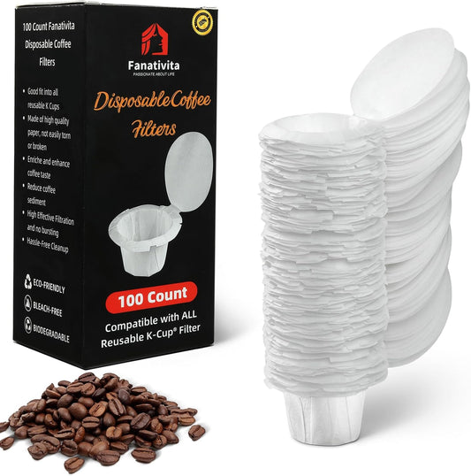 100 Count Fanativita K Cup Filters Disposable with Genius Lid Design, Fit All Reusable K Cups for Keurig (White)