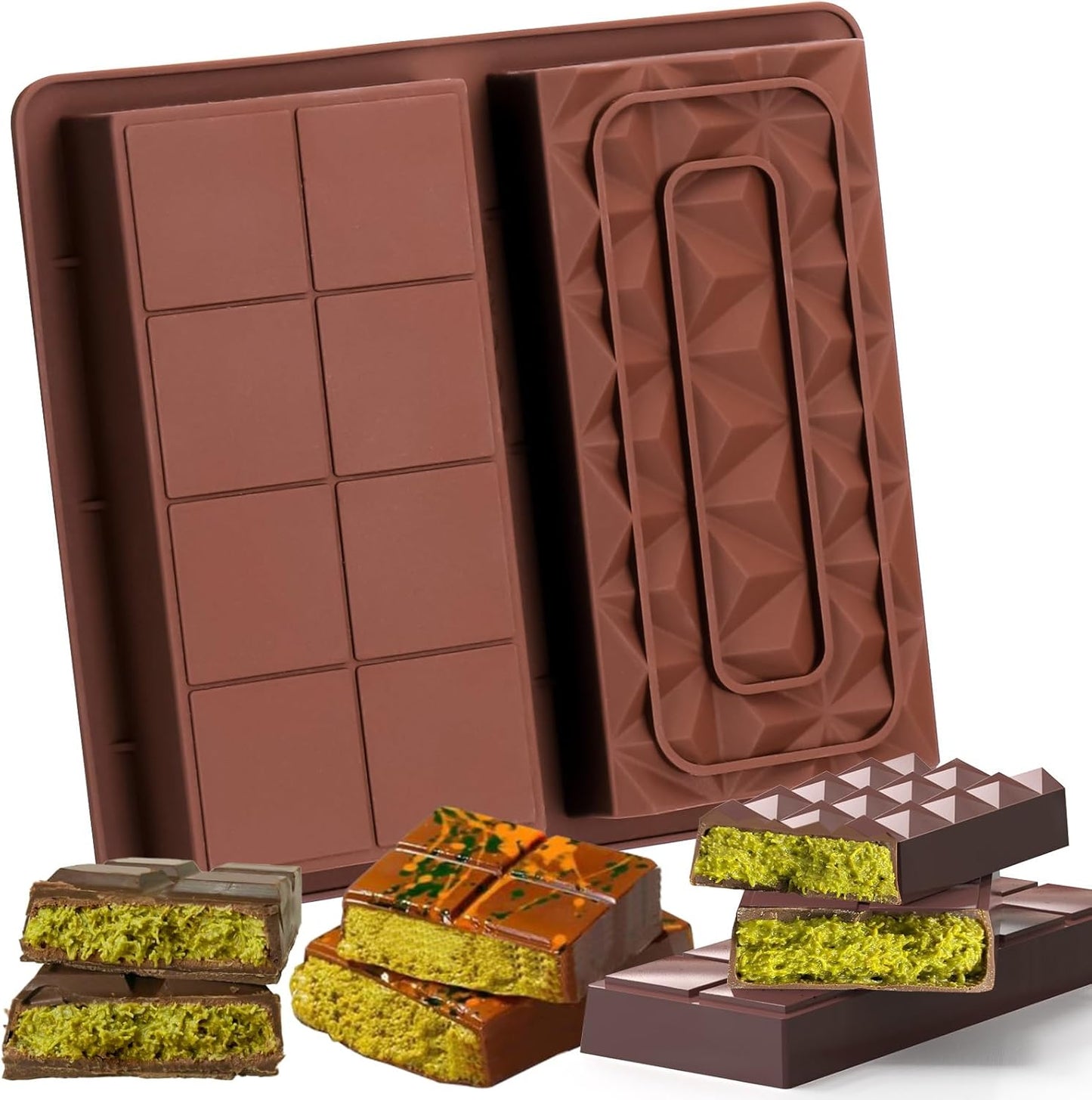 Mity rain Chocolate Bar Mold Deep - 1 inch Deep Thick Non-Stick Silicone Molds for Stuffed Dubai Chocolate Bar Pistachio, Large Food-Grade Candy Bar Mold with 50 bags for Filling & Snacks