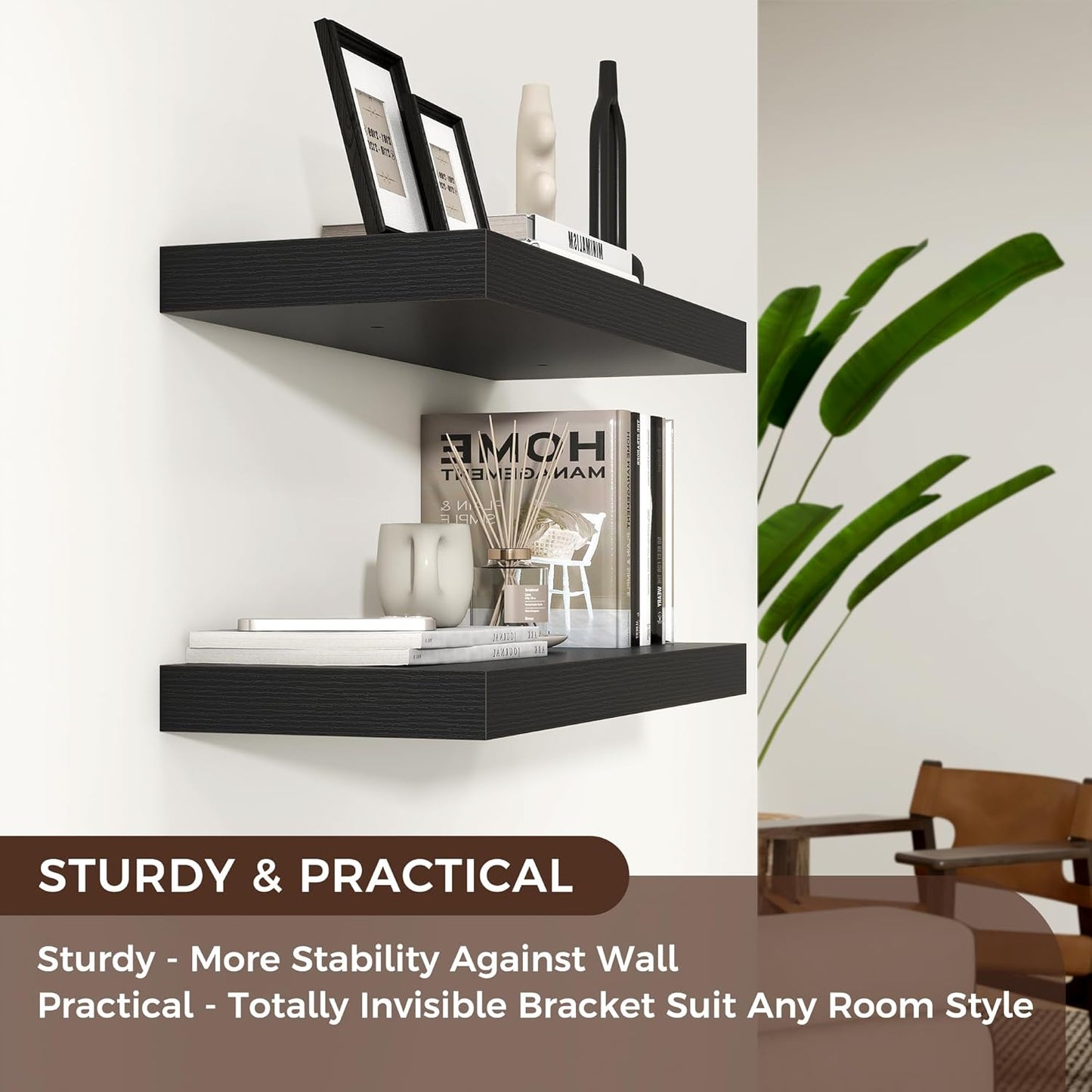 Floating Shelves - 2 Large Wall Mounted Shelves with Invisible Brackets, Long Wood Floating Wall Shelf for Living Room, Bedroom, Kitchen (Black, 24" W x 9" D x 1.5" H)