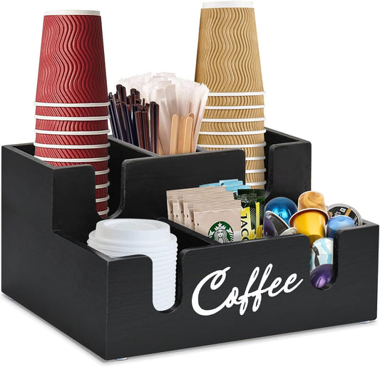 Disposable Coffee Cup Dispenser Lid Holder for Counter, Wood 6 Compartments Coffee Station Organizer for Cup Lid Sleeve Pods Condiment, Paper Cup Dispenser Coffee Bar Accessories Storage Organizer