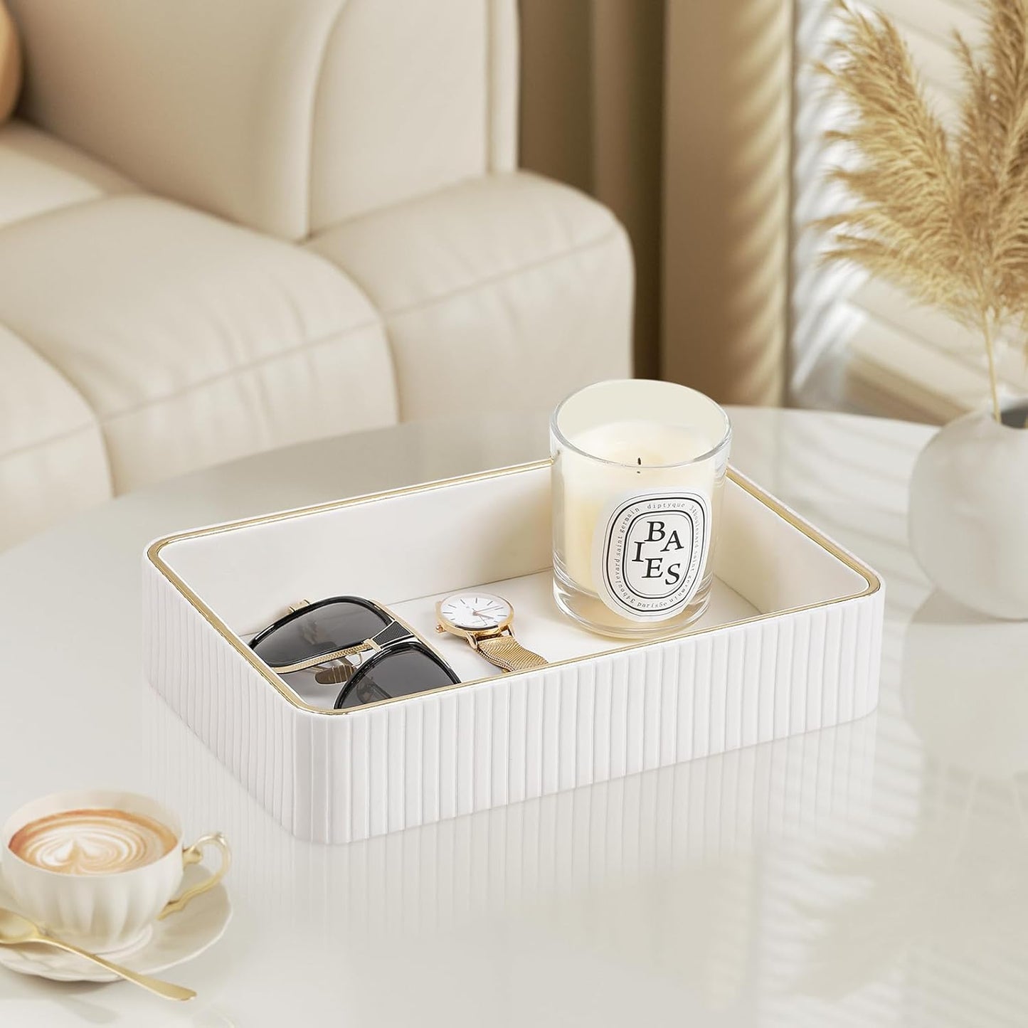 Desk Organizer Tray, PU Leather Valet Tray Nightstand Organizer Cologne Perfume Trays for Men Women, Decorative Vanity Trays Key Bowl Trinket Dish (Ivory, 10.3" x 6.7" x 2.2")