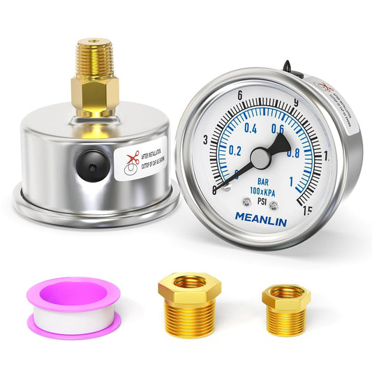 MEANLIN MEASURE 0~15Psi Dry Low Pressure Gauge Stainless Steel 1/4" NPT 2" FACE DIAL Waterproof for Water Oil Air Well Pump Tank Tire Pressure Test Back Mount, with 1/2" NPT and 3/8" NPT Hex Bushing