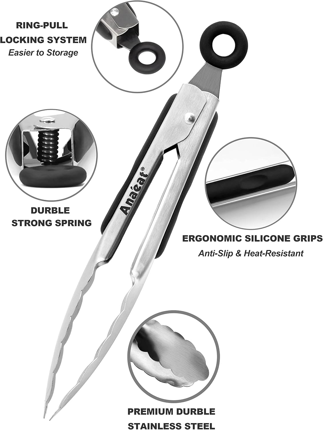 Anaeat 7" Mini Cooking Tong Stainless Steel - Sturdy Coiled Spring Locking Kitchen Food Tong with Non-Slip Silicone Grip for Serving, Cooking, Baking - Heat Resistant up to 480°F (Black)