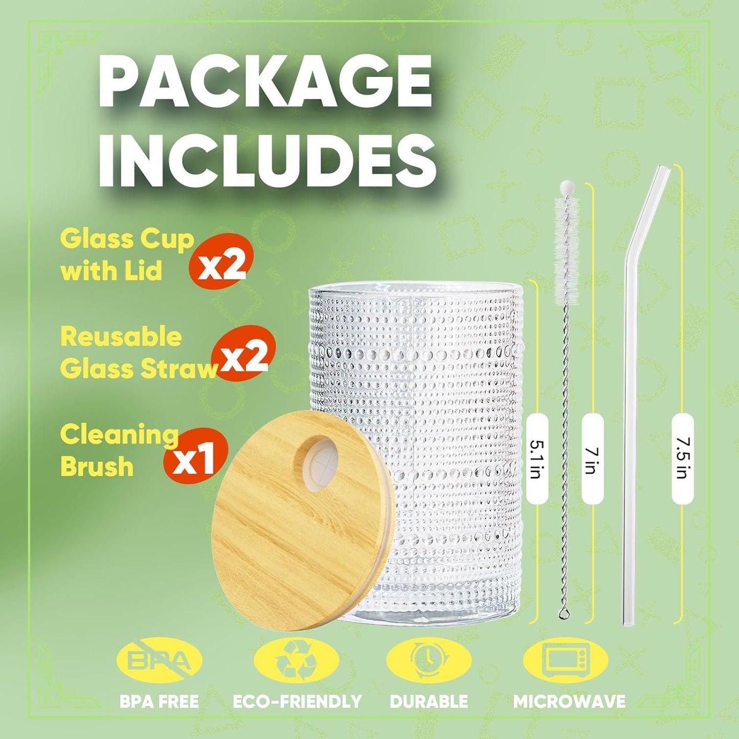 15 Oz Glass Cups with Lids and Straws, Vintage Embossed Glassware for Whiskey Cocktail Beer, Iced Coffee Cup with Lid (2 PACK)