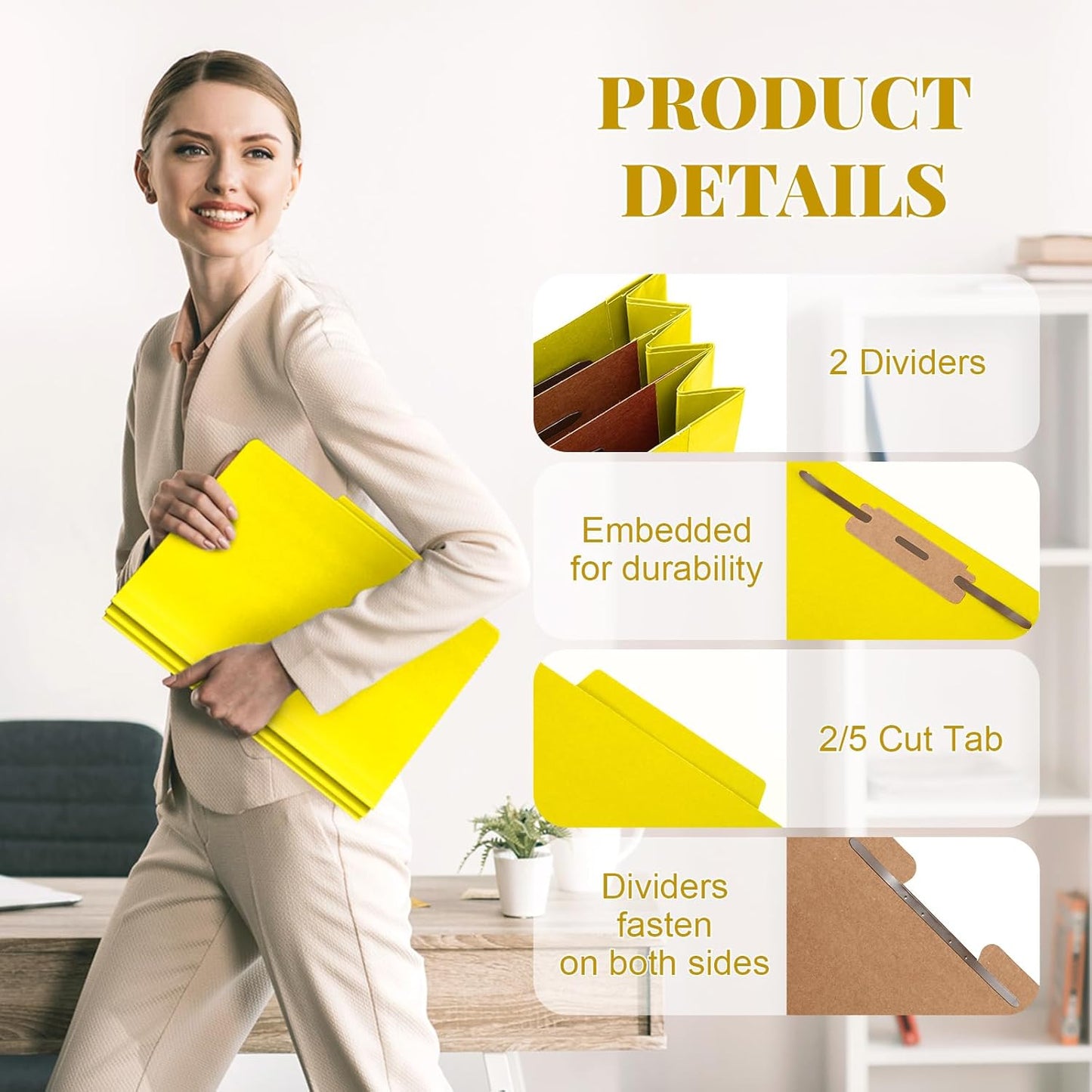 36 Pcs Classification Folders Letter Size, 2 Divider Pressboard File Folders with 3. 5 Inch Expansion, 2 Prongs Fastener, Heavy Duty Office File Organizers for Teachers, Medical (Yellow)