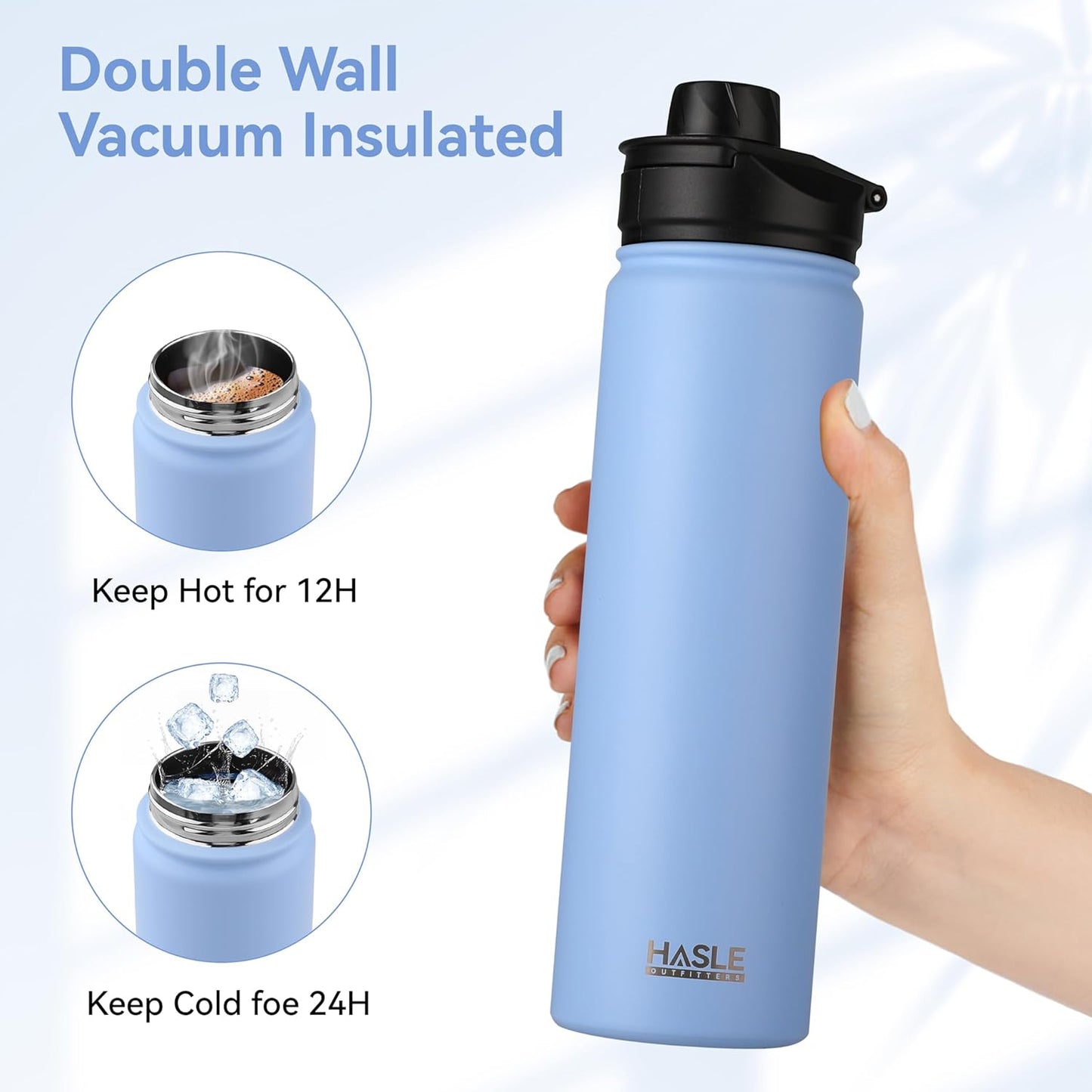 HASLE OUTFITTERS Insulated Water Bottle 22 oz Double Wall Stainless Steel Water Bottle Wide Mouth with Straw Lid & Spout Lid Keeps Cold or Hot(Blue,1)