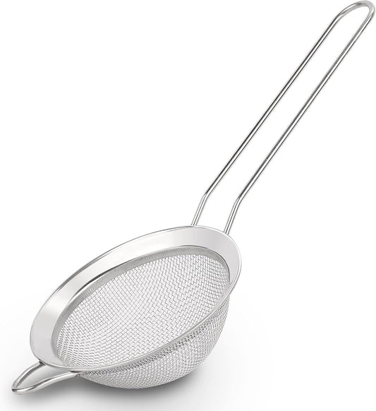 D Fine Mesh Strainer, Stainless Steel Sieve Sifter with Handle, Small Metal Strainer for Loose Tea, Juice, Drink, Herbs, Mini Sifter for Flour, Matcha, Kitchen, Baking, 3-Inch (8x3, Silver)