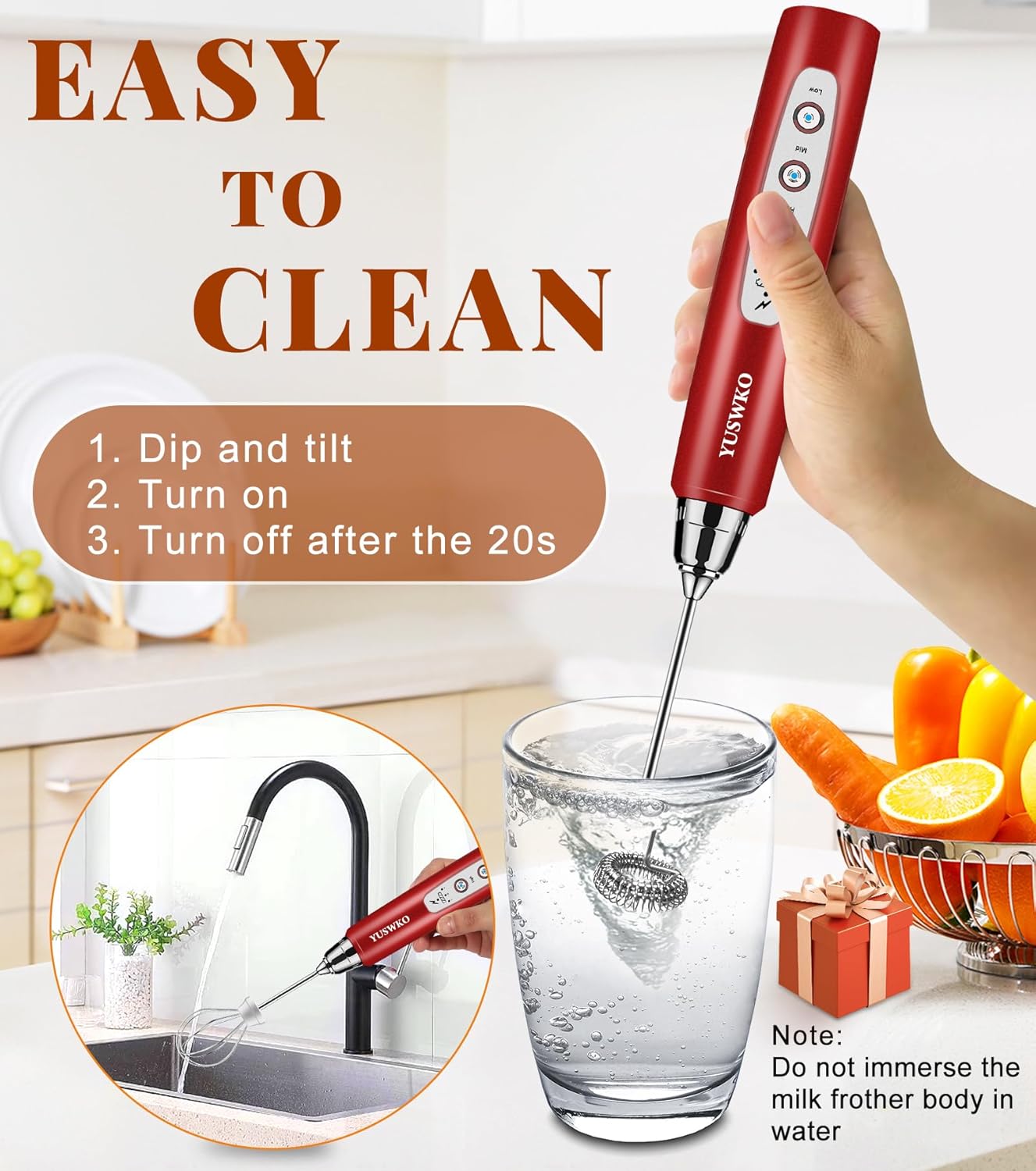 YUSWKO Milk Frother Handheld for Coffee with Stand, Rechargeable Drink Mixer with 3 Heads 3 Speeds Electric Coffee Frother Whisk, Gift for Many Occasions and Festival