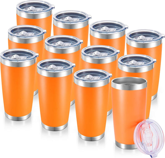 20 oz Tumblers Bulk Stainless Steel Tumbler with Lid Double Wall Vacuum Insulated Coffee Mug 20oz Powder Coated Cup for Hot and Cold Drinks, Orange, 12 pack