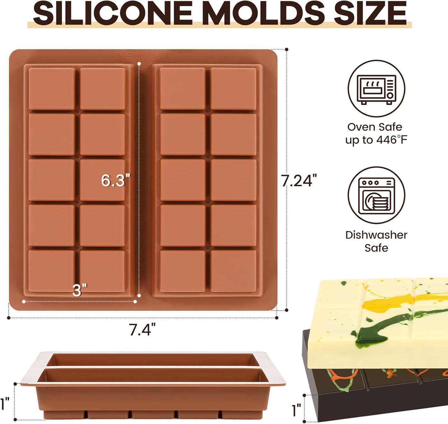Dubai Chocolate Molds 1 Inch Deep, Silicone Chocolate Bar Mold – Non-Stick, Flexible, Large and Thick Homemade Chocolates, Candies, and Desserts - Set of 2