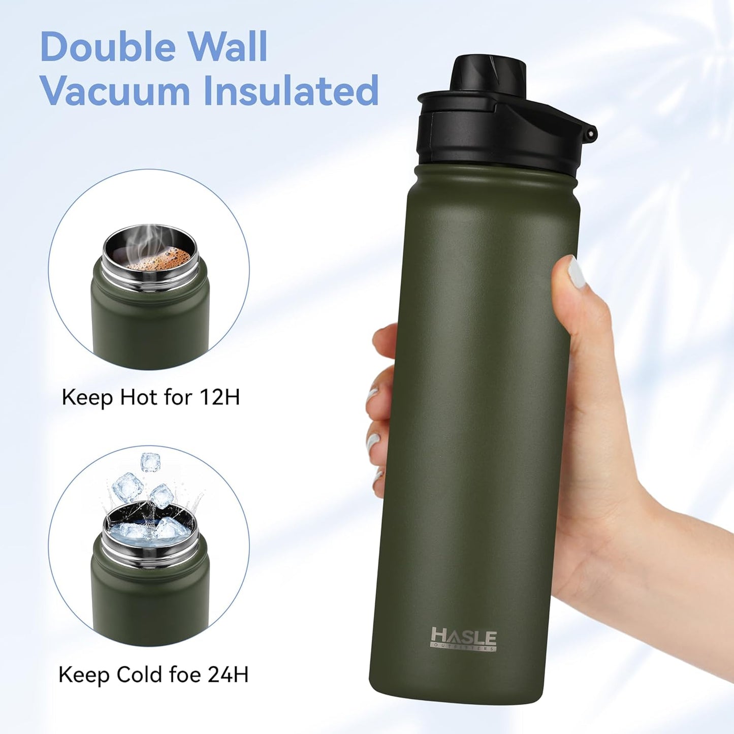 HASLE OUTFITTERS Insulated Water Bottle 22 oz Double Wall Stainless Steel Water Bottle Wide Mouth with Straw Lid & Spout Lid Keeps Cold or Hot(Army Green,4)