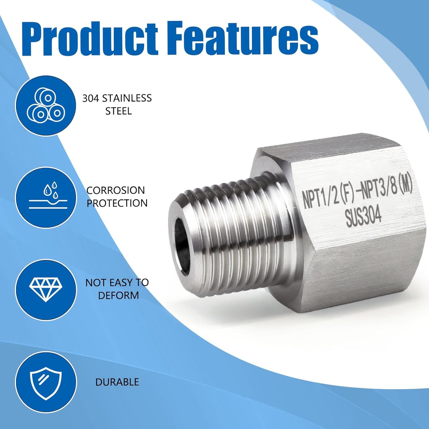 2 pieces Npt1/2 Female to Npt3/8 Male Reducer,Water pipe Adapter, Fabricate of 304 Stainless Steel