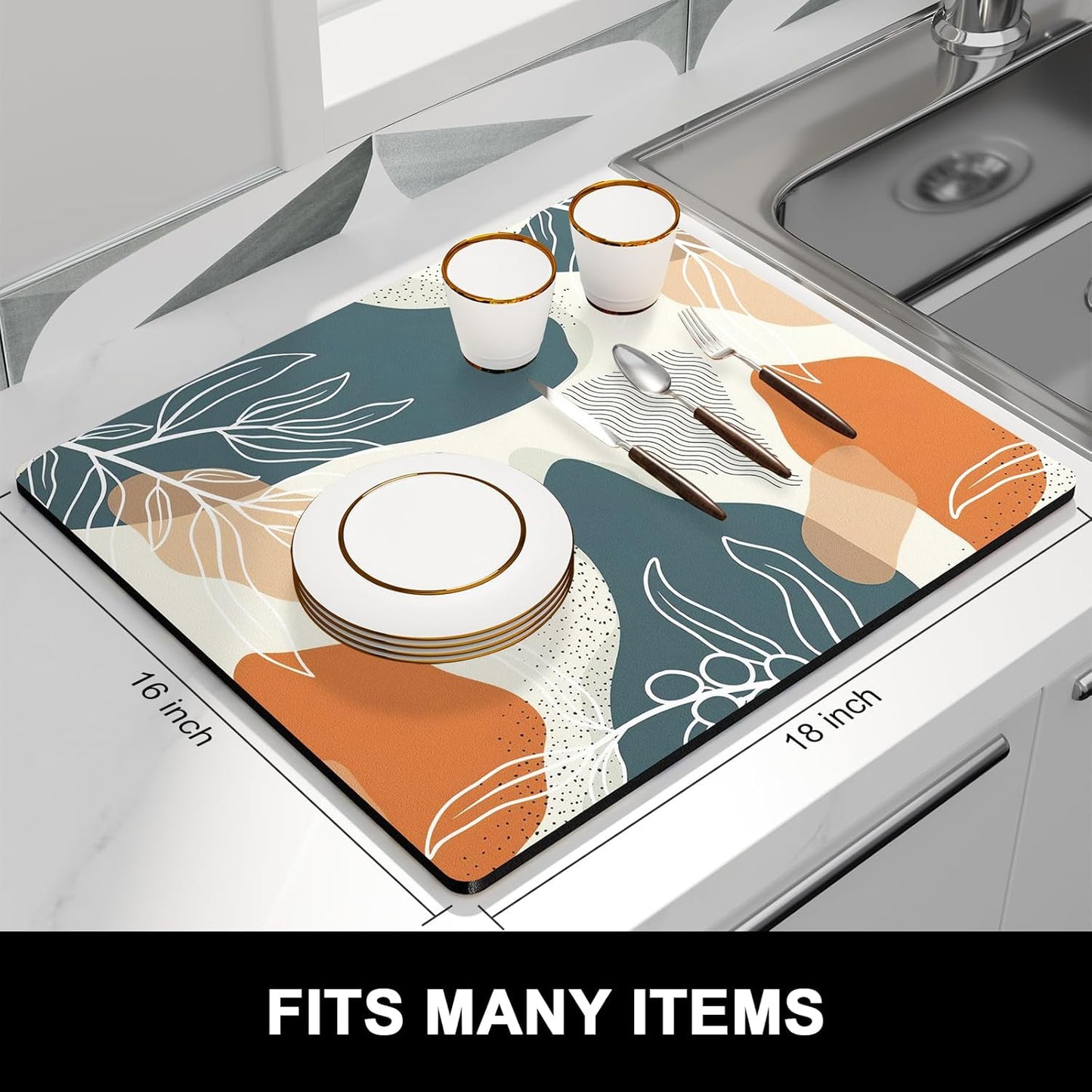 Rnivvi Dish Drying Mat for Kitchen Counter, 16 x 18" Cute Boho Theme Absorbent Heat Resistant Drying Pad with Non-slip Rubber, Coffee Bar Mats for Coffee Machine Dish Rack, Abstract Leaves