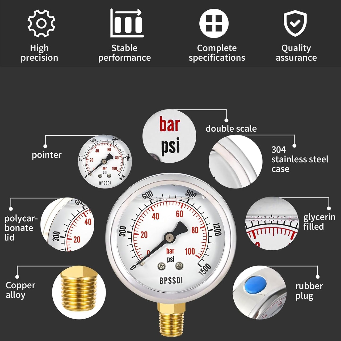 0-1500 Psi Glycerin Liquid Filled Hydraulic Pressure Gauge, 2.5" Dial Size, 1/4" NPT Lower Mount, 304 Stainless Steel Case, for Water Oil Air Gas Pressure Test