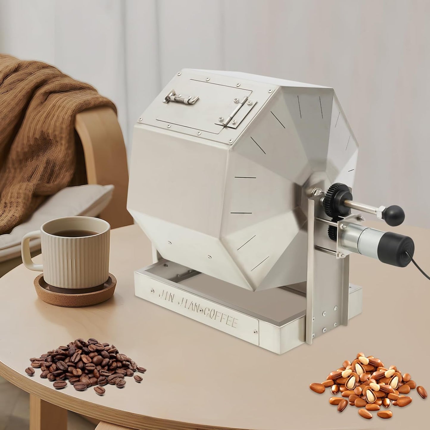 14.5L Coffee Roaster, Stainless Steel Electric Coffee Bean Roaster with Speed Controller 5-45 RPM, 14W Motor, Auto-matic Drum Type Nuts Coffee Bean Baking Machine, Home and Commercial Use Silver