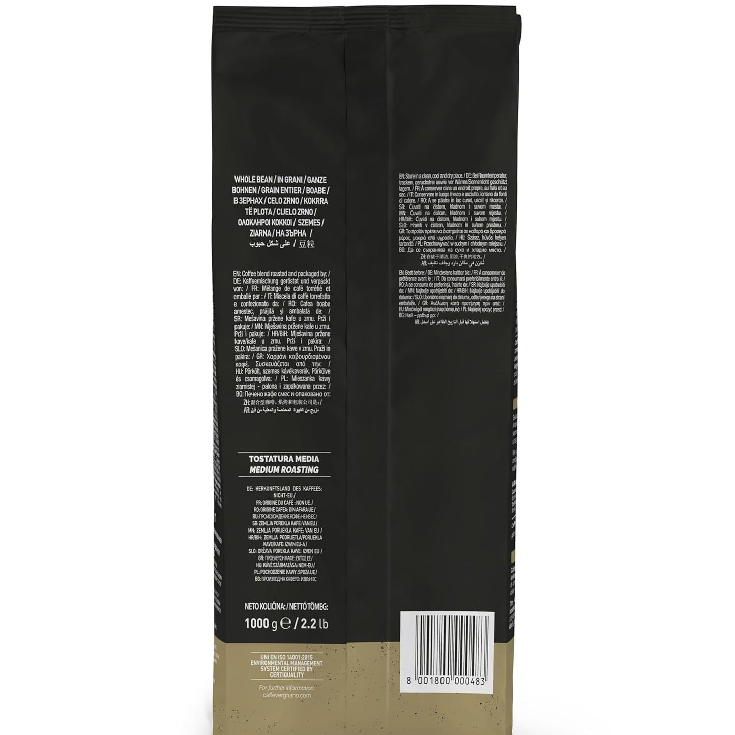 Caffe Vergnano 1882 Antica Bottega Whole Bean Arabica Medium Roast Espresso, 2.2 lbs Bag - Italian Coffee Beans with notes of Chocolate, Nuts & Caramel, Intensity 5/10-1000g Bag (2 Pack)