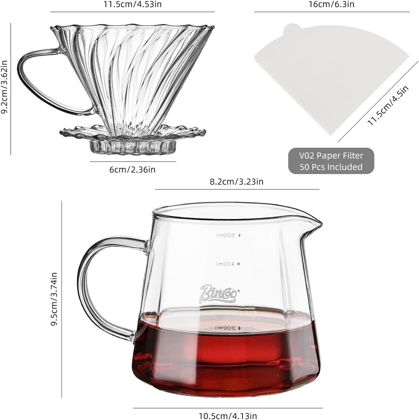Bincoo Pour Over Coffee Maker Set, 16oz Drip Coffee Maker, Included Borosilicate Glass Coffee Carafer and Coffee Dripper & Size 02 50 Pcs Paper Filter (16oz-Clear)