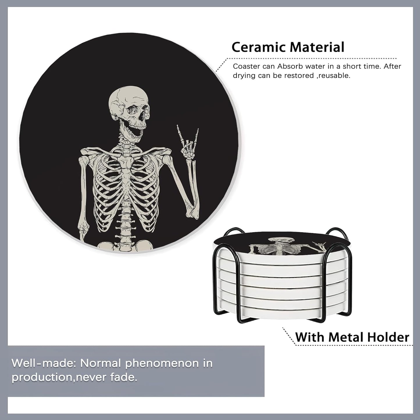 Drink Coasters Set of 6 with Holder,Human Skeleton Posing Skull Head Absorbent Ceramic Coasters with Cork Base,Fit All Cups,Tabletop Protection Mat for Mugs and Cups,Office,Kitchen