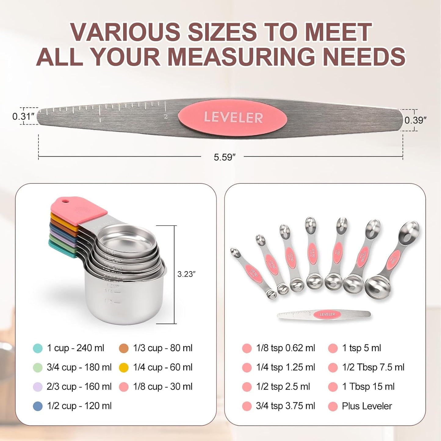 15-Piece Stainless Steel Measuring Cups and Spoons Set, Strong Magnetic Nesting Design 7 Cups 7 Spoons with Leveler, Double Measurement Markings for Dry & Liquid Ingredients, Pink & Colorful