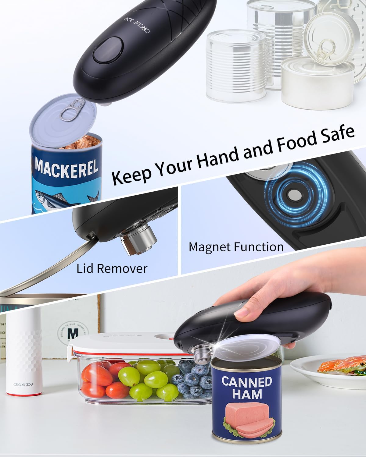 CIRCLE JOY Electric Can Opener, One-Touch Automatic Can Opening with Smooth Edges, Food Safety Handheld Battery-Operated Can Opener for Kitchen and Seniors, Black