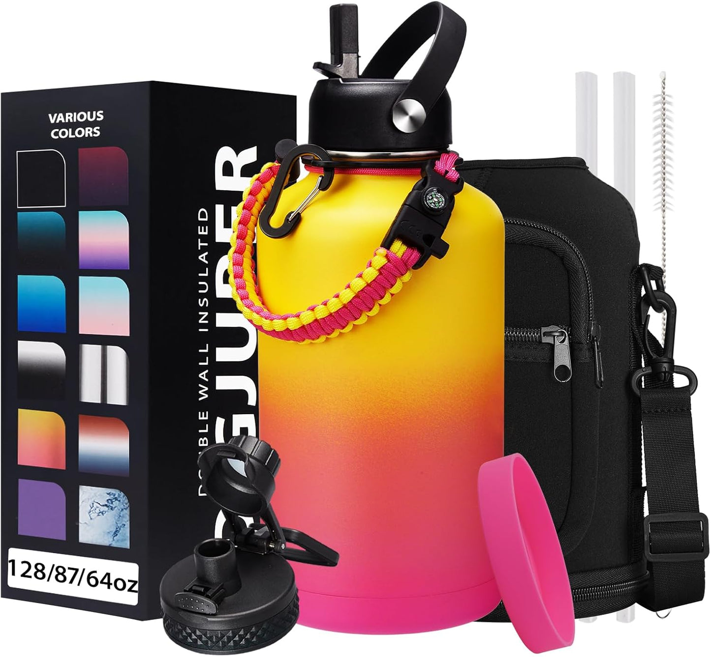 64oz Water Bottle Stainless Steel - with Paracord Handle, Straw & Auto Spout Lids, Shoulder Carrier Bag & Insulated Bottle Protective Boot, Sweat-Proof Half Gallon Metal Insulated Flask Wide-mouth