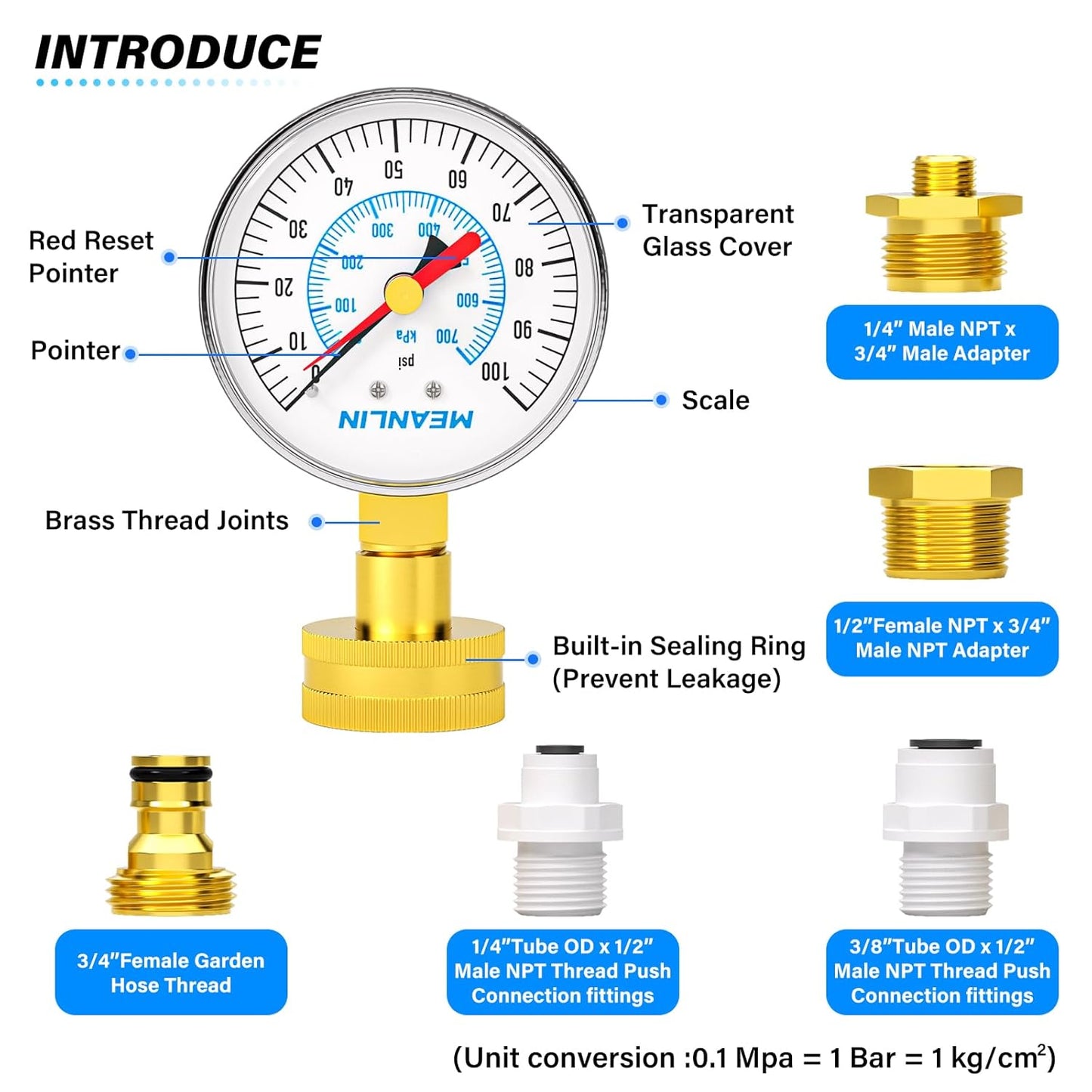 MEANLIN MEASURE 0~100Psi 3/4" Female Water Pressure kit Plus 5 adapters, 2.5" FACE DIAL Multi-Purpose Pressure Gauge kit with Red Indicator Hands, Hydraulic Tester Suitable for Gardens, Water Pipes