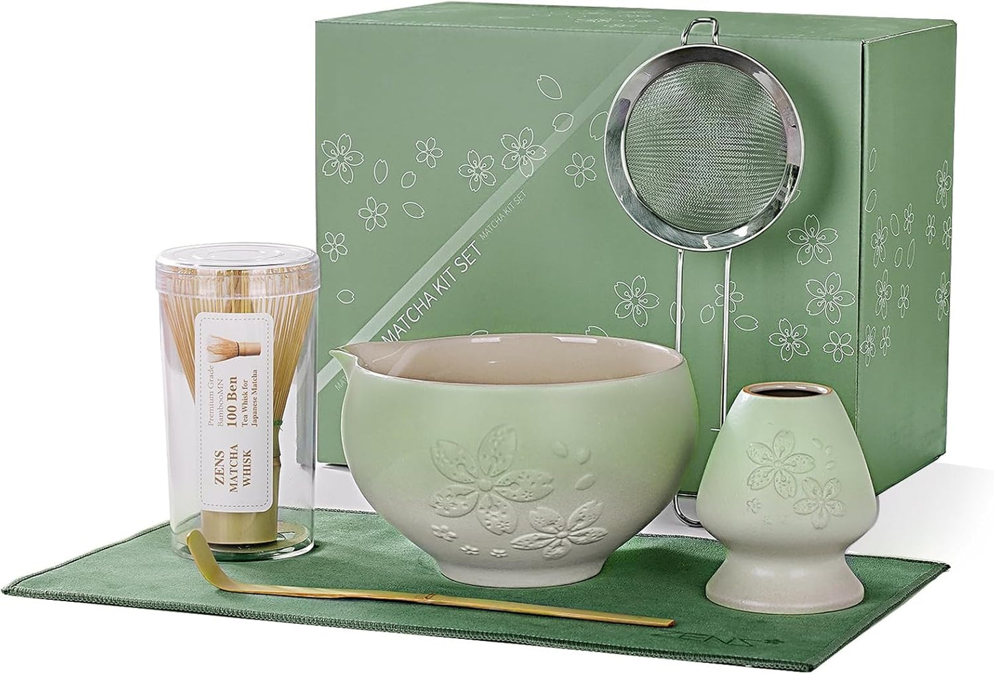 ZENS Matcha Whisk Set, Ceramic Matcha Tea Set with 15oz Sakura Bowl and Bamboo Whisk & Scoop, (Chasen Holder), Stainless Sifter-Tea Towel, 6pcs Matcha Kit for Matcha Lovers, Green