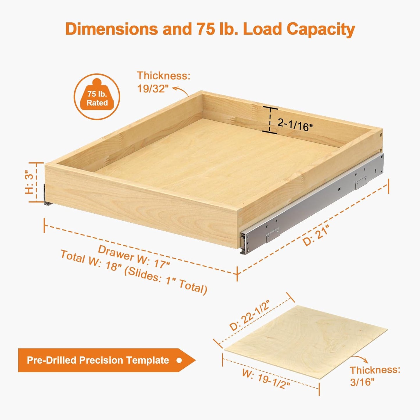 ALINE FURNITURE Pull Out Drawers for Cabinets Birch Wood, 18" W X 21" D Soft Close Slide Out Shelves for Kitchen Cabinets, Pullout Drawer for Pantry Cabinet Organizer