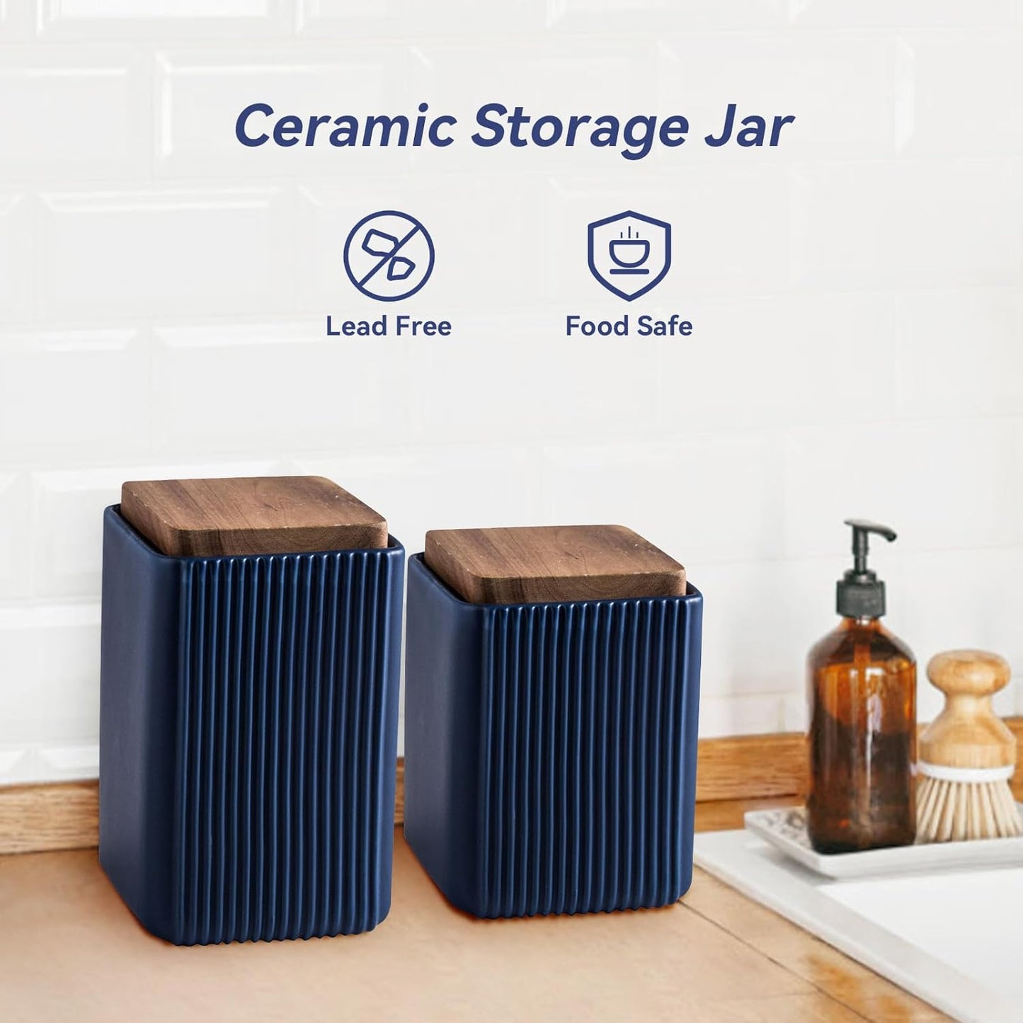 Ceramic Storage Jars Modern Elegant Highly Polished Airtight Storage Canisters with Lid Whiteware Food Stroage Jar for Kitchen Spice Tea Vanilla Sugar Coffee Beans (Blue-1000ML)