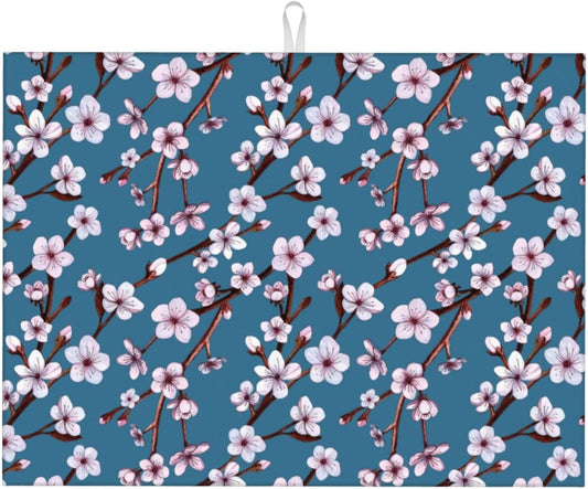 Cherry Blossom Dish Drying Mat, Branch Floral Microfiber Absorbent Drying Mats Reversible Kitchen Countertop Protector Dishes Drainer Rack Pad 18x24 Inch (Blue)