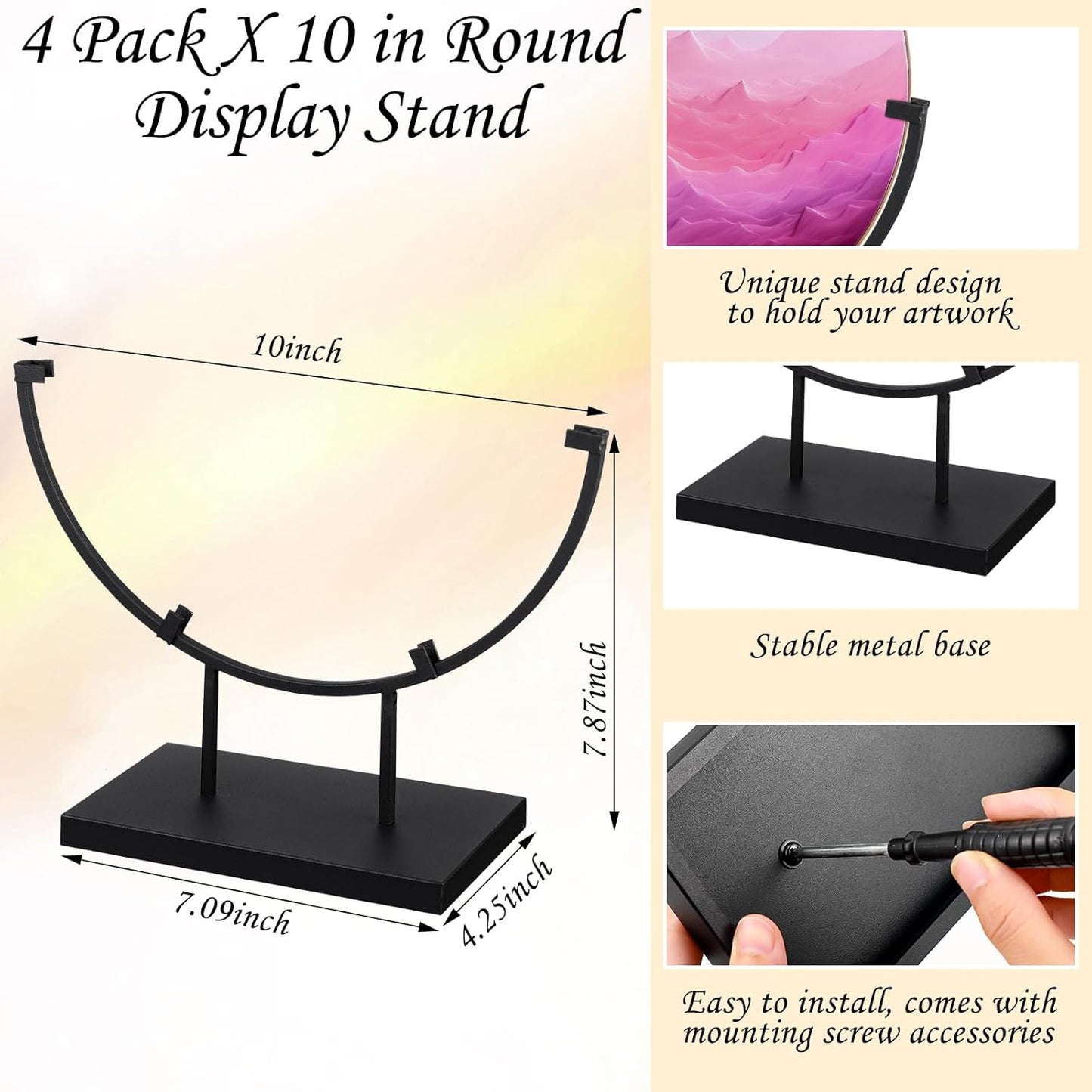 Blulu 4 Pcs 10 Inch Round Metal Display Stands for Stained Art Fused Glass Display Stands Decorative Fused Art Base for Plate Picture Platter Photo (Black)