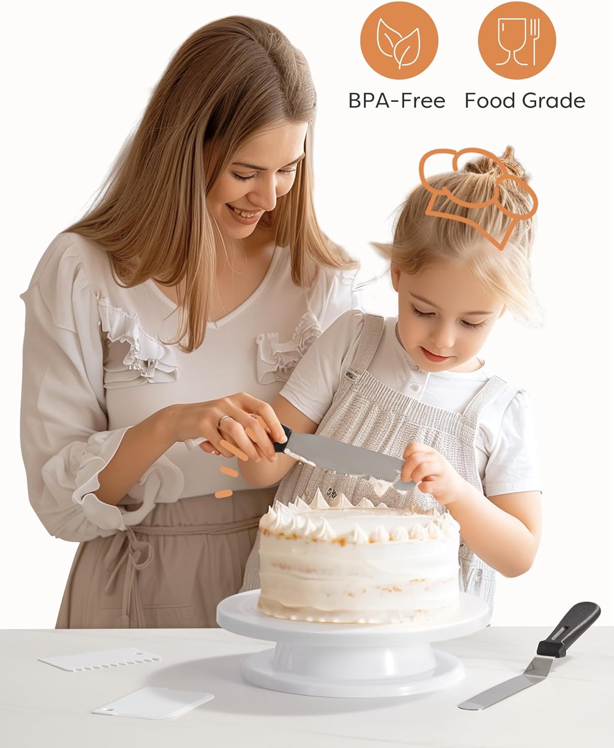 Kootek Cake Decorating Kit Baking Supplies Cake Turntable with 2 Frosting Straight Angled Spatula 3 Icing Smoother Scrapers Baking Accessories Tools for Beginners and Pros, White