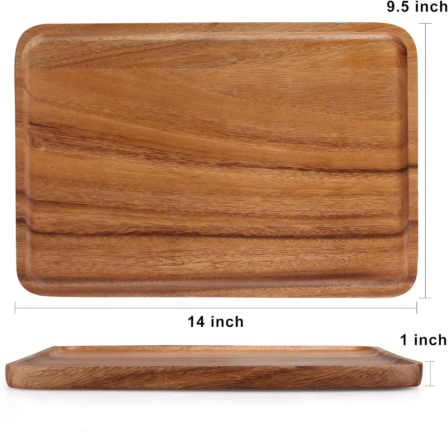 2 Pcs Wooden Rectangle Serving Trays for Ottoman Bar Party Food Tray Large Fruit Rectangular Platter Best Acacia Wood Plates for Decor Cheese Serving Board Snack Tray Charcuterie Boards Serving Dishes