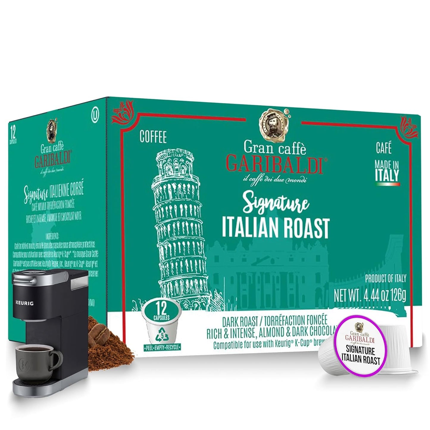 Caffè Garibaldi Italian Roast Coffee Pods, Single-Serve Capsules for Keurig K-Cup Brewers with 100% Arabica Blend, Single Serve Cups for Coffee Makers, Recyclable 12 Count K-Pods - Dark Roast