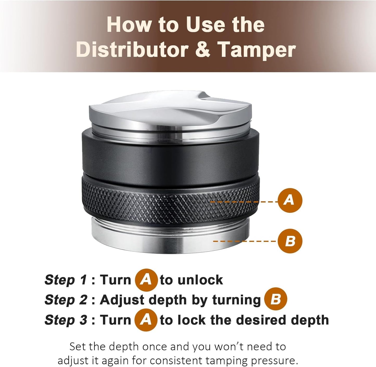 51mm Adjustable Coffee Distributor & Tamper, Dual Head Coffee Leveler, Compatible with 51mm Delonghi Portafilter, 2-in-1 Espresso Hand Tamper with Adjustable Depth