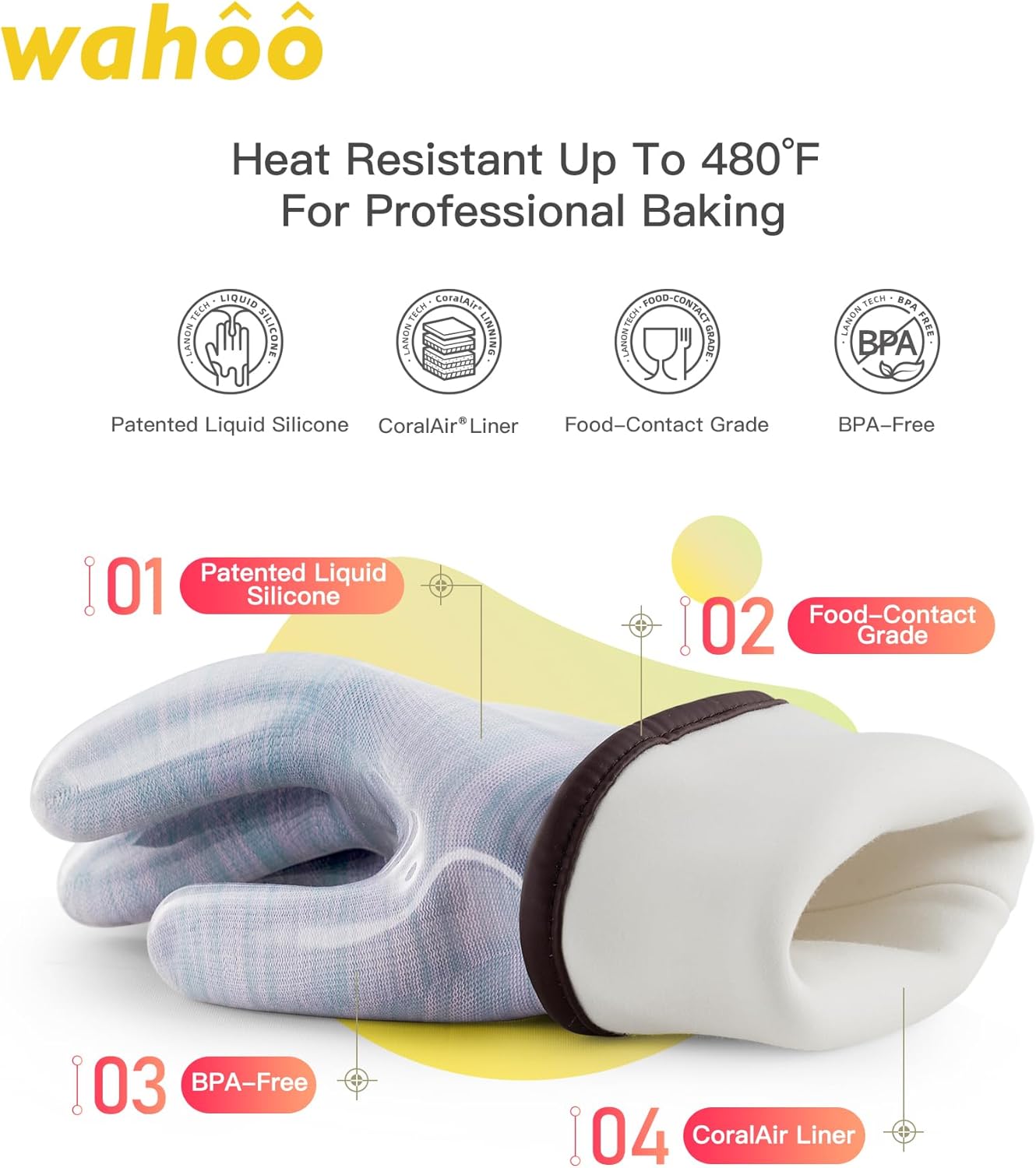 wahoo Professional Liquid Silicone Oven Mitts Gloves, Heat Resistant Gloves for Cooking, Baking, CoralAir Liner, 12 Inch, Purple, XXL