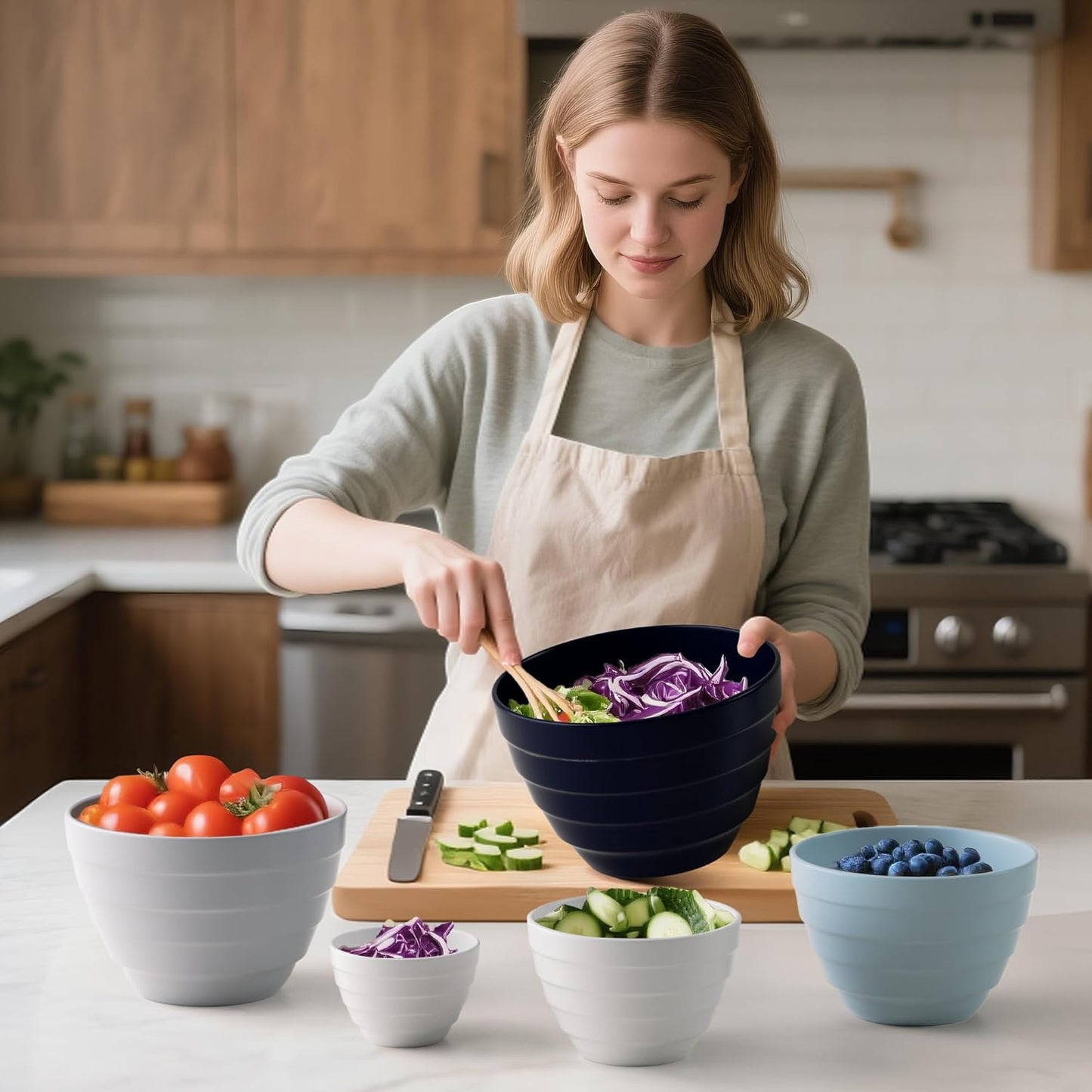 TP Mixing Bowls with Lids, 10-Piece Nesting Melamine Bowls Set for Prepping Serving Baking Cooking, Non Slip Bottom, Set of 5, Blue and White