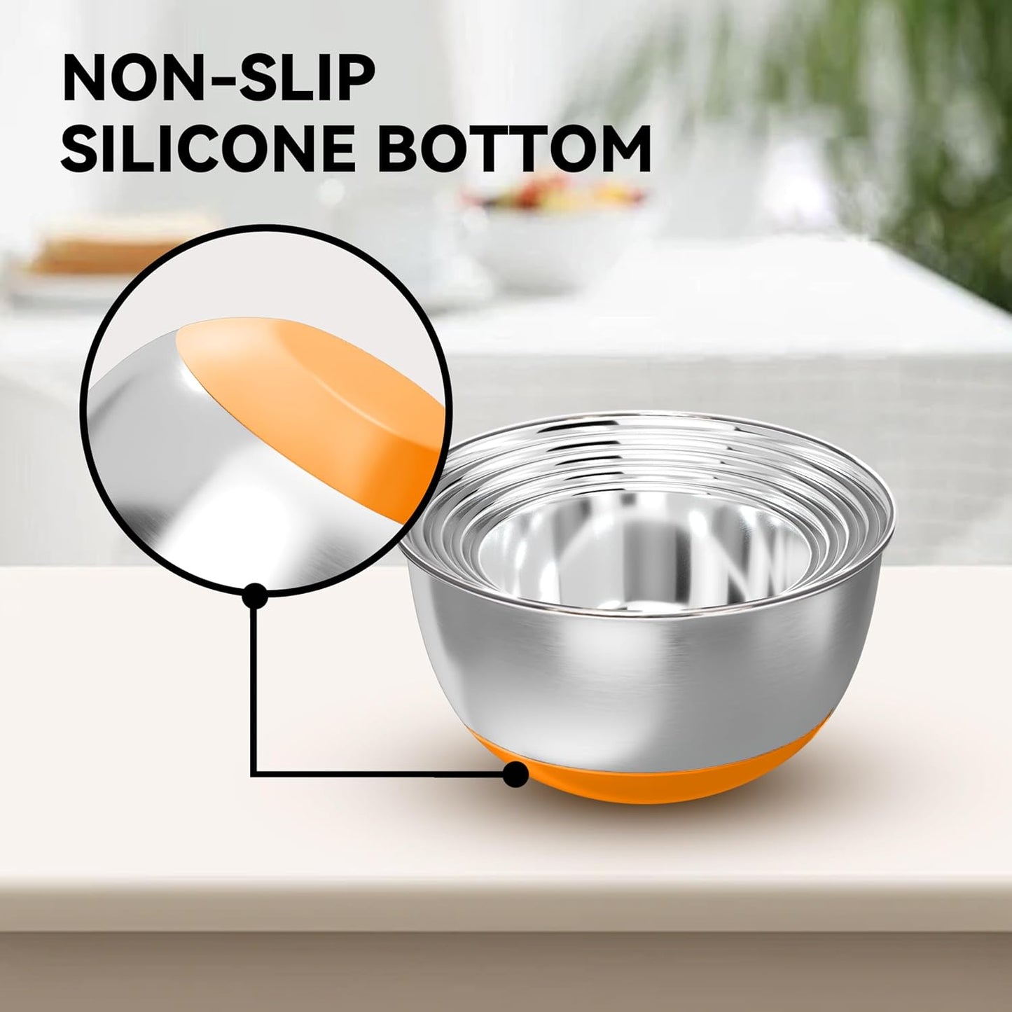 Stainless Steel Mixing Bowls with Lids – Set of 5 Large Nesting Metal Bowls for Kitchen, Baking, Cooking, Food Prep & Storage, Non-Slip Base, Dishwasher Safe,Orange