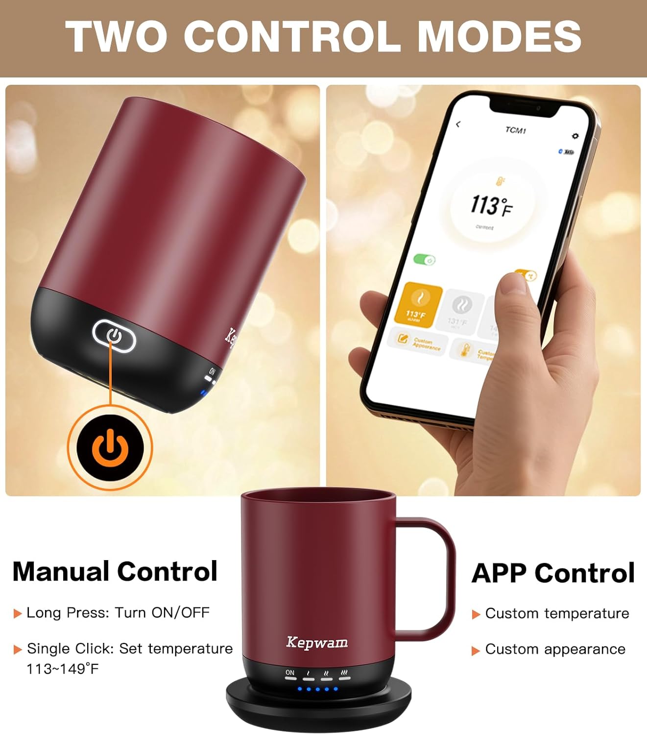 Heated Coffee Mug T1-14oz Fast Heating & Longer Battery Life Self Heating Coffee Mug Hot to 149℉ - Touch & App Controlled Mug Coffee and Hot Beverage Warmer, Gifts for Women and Men