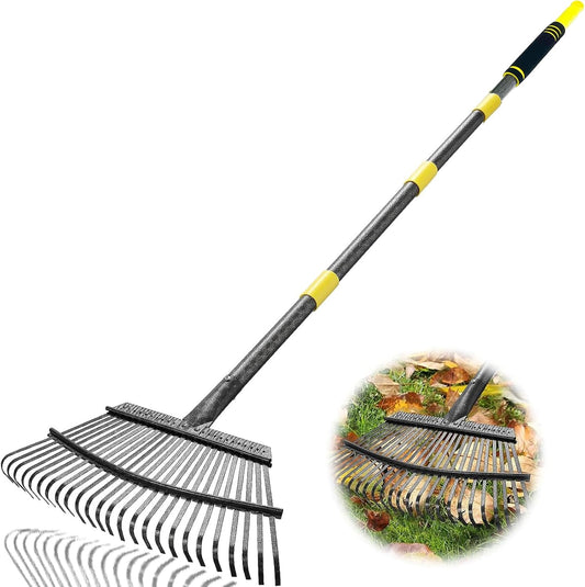 Garden Leaf Rakes, 6FT Rake for Lawns Heavy Duty 25 Metal Tines 18.5 inch Wide, Adjustable Steel Handle, Rakes for Leaves, Gathering Shrub, Grass, Flower Beds