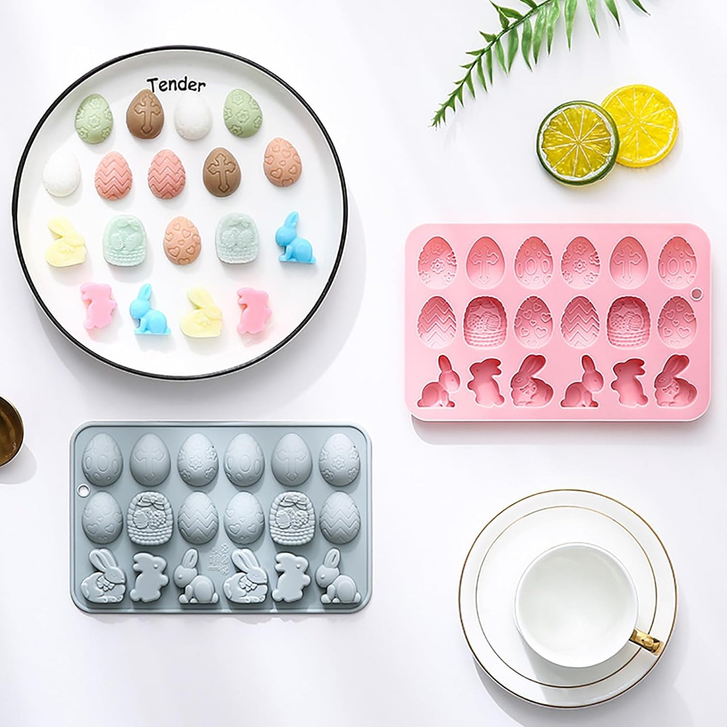 2 Pcs Egg Bunny Silicone Molds, 18-Cavity Baking Molds for DIY Cake Decoration,Chocolate, Pastry, Bread, Ice Cube, Soap, Jello, Easy Release, Reusable