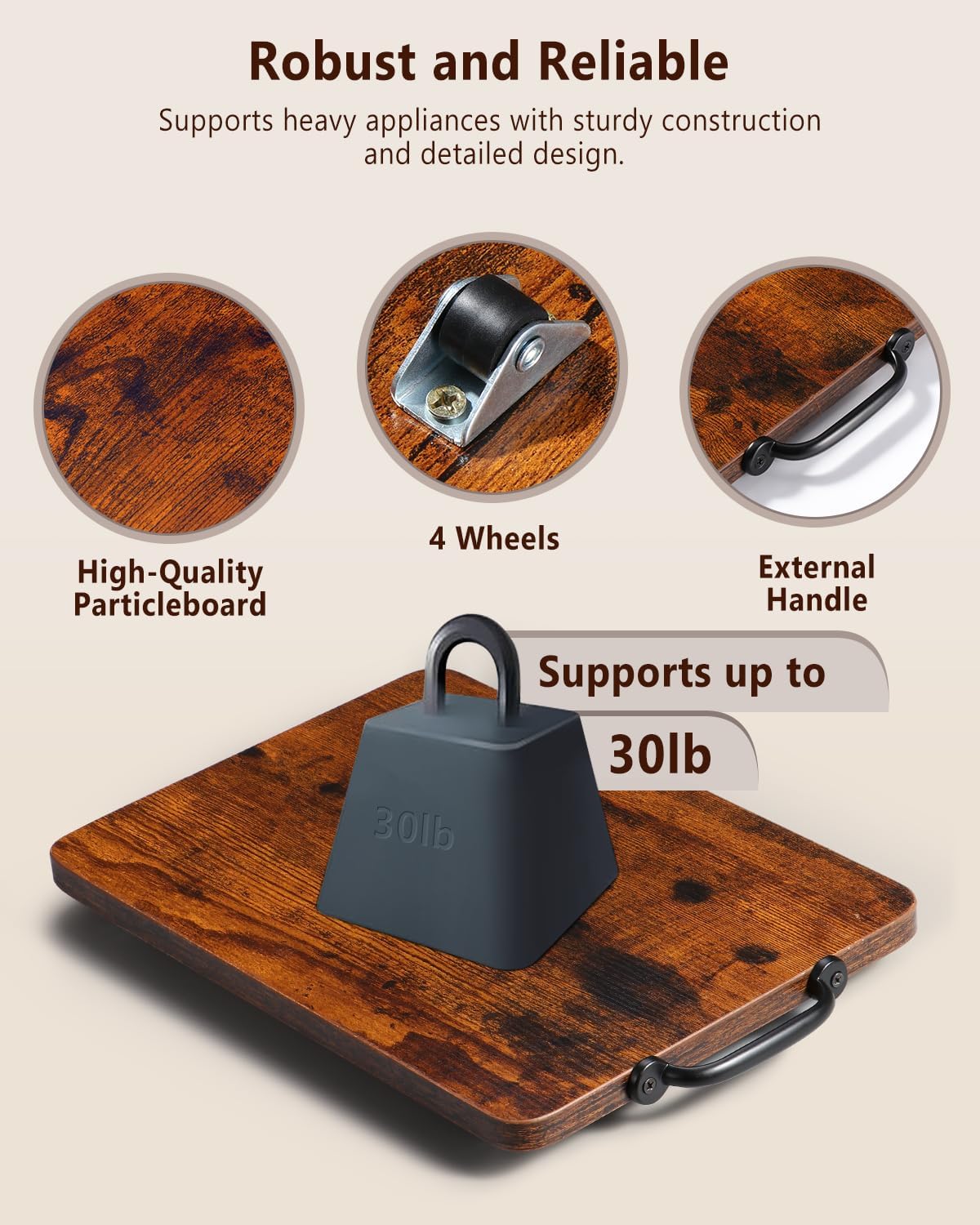 Appliance Slider, Sliding Tray for Coffee Maker, Coffee Pot Slider for Countertop, Kitchen Appliance Rolling Tray with Rubber Wheels (Rustic Brown, Medium - Long (9.5” X 13”))