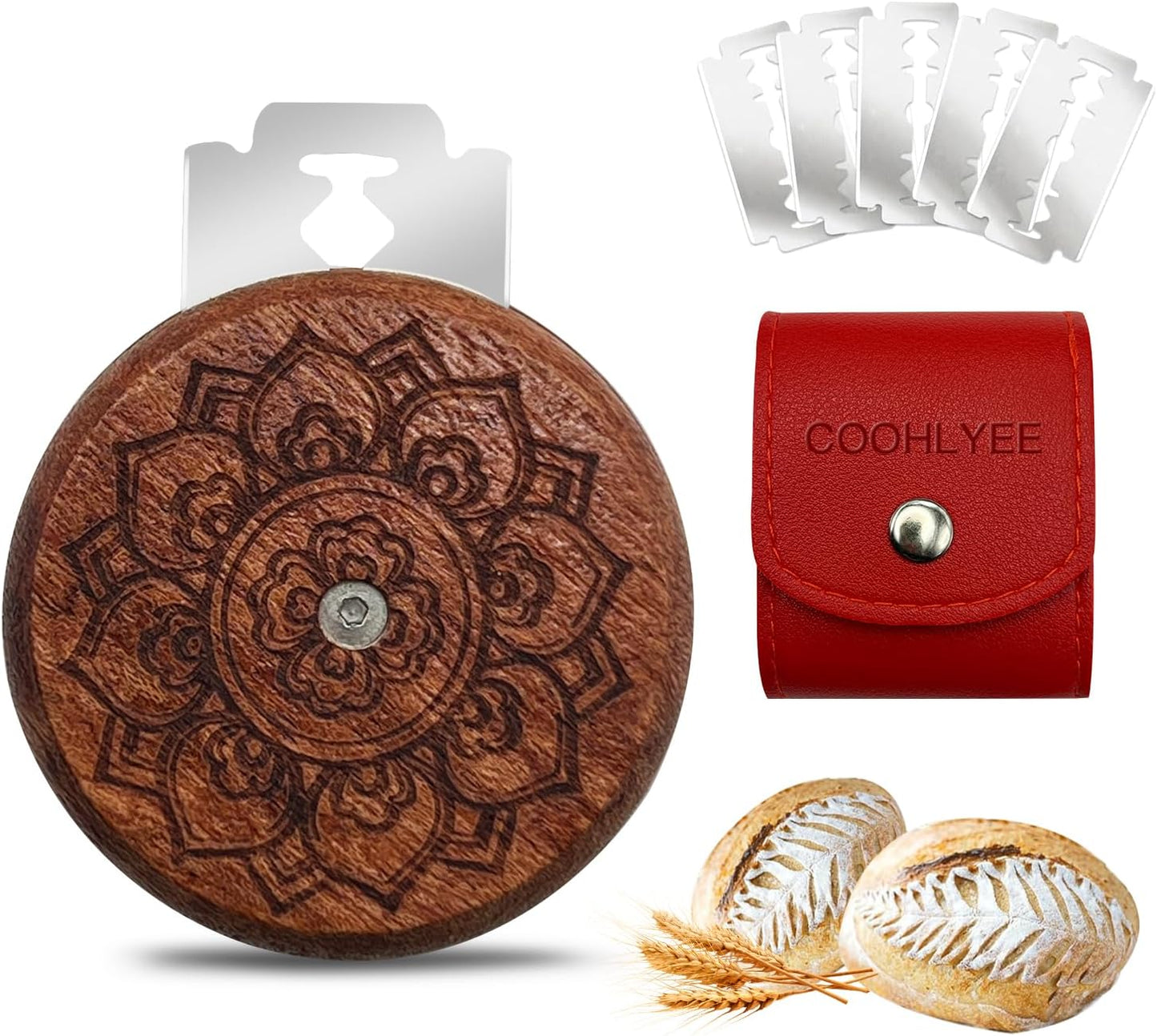 Bread Lame Sourdough Scoring Tool,Wooden Lame Bread Scoring Tool with 5 Razor Blades and Leather Storage Cover,UFO Bread Lame Dough Scoring Tool for Bread Baking